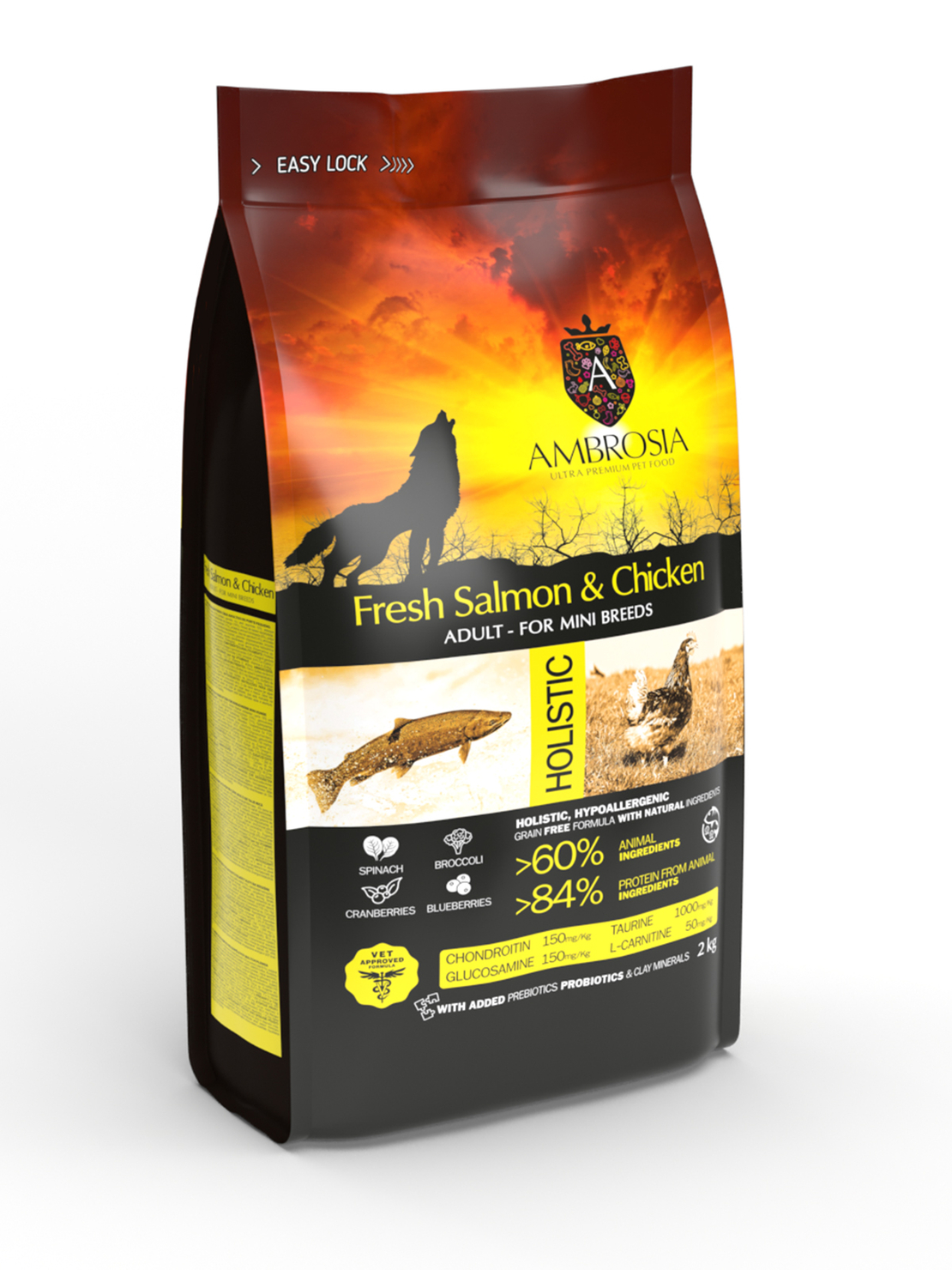 Ambrosia • Mini adult • Ultra premium за кучета от малки породи над 12 месечна възраст с Прясна сьомга и пиле - 2 кг