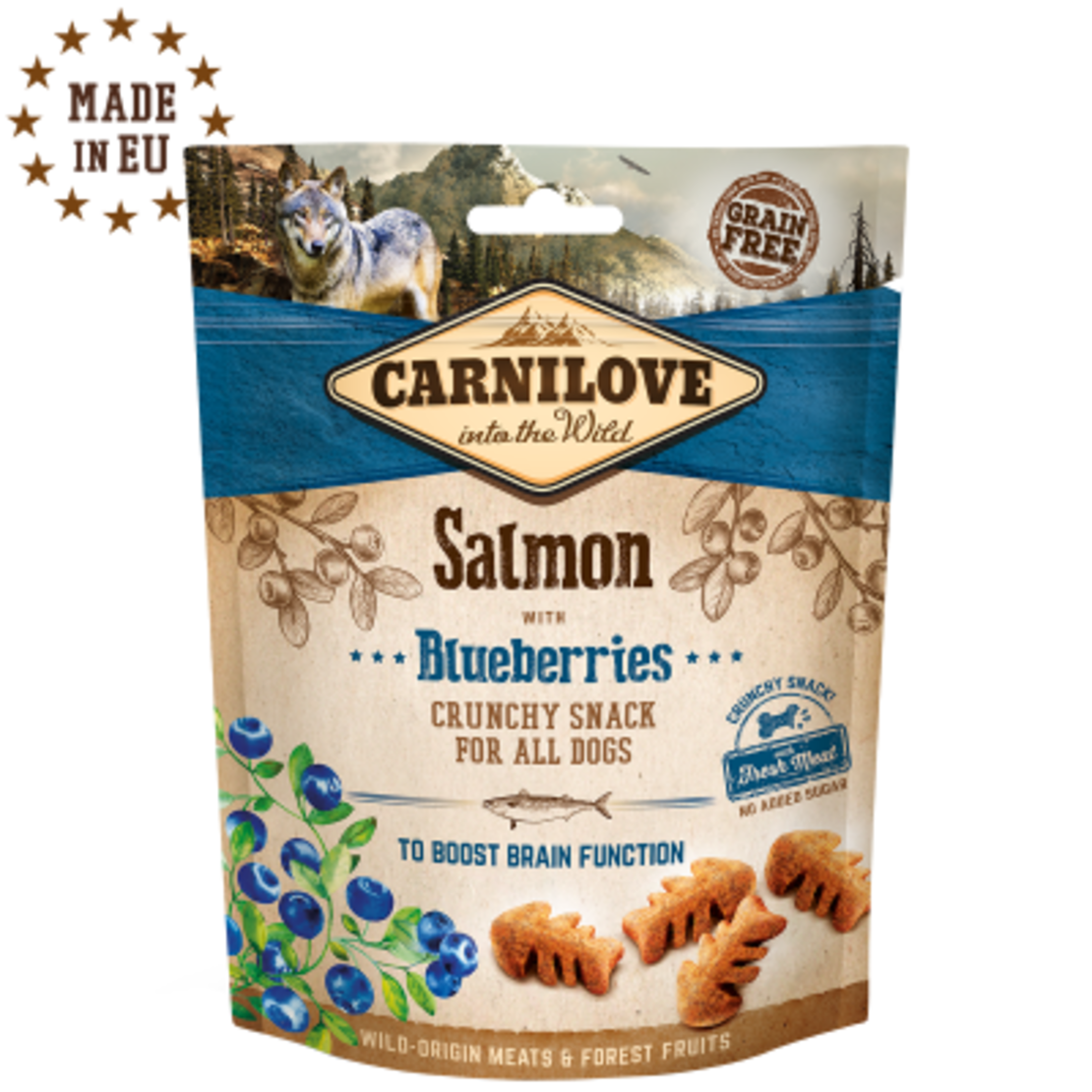 Хрупкави лакомства за куче Carnilove Crunchy snack Salmon with Blueberries with Fresh meat с прясна сьомга и боровинки, БЕЗ ЗЪРНЕНИ КУЛТУРИ 0.200 кг.