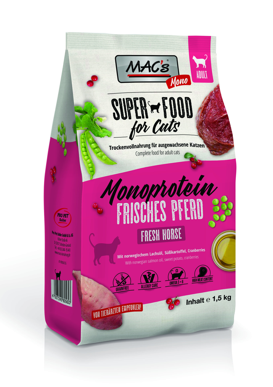 Mac's Monoprotein Adult суха храна с конско, сладък картоф и червени боровинки за капризни и чувствителни котки - 1.5 кг