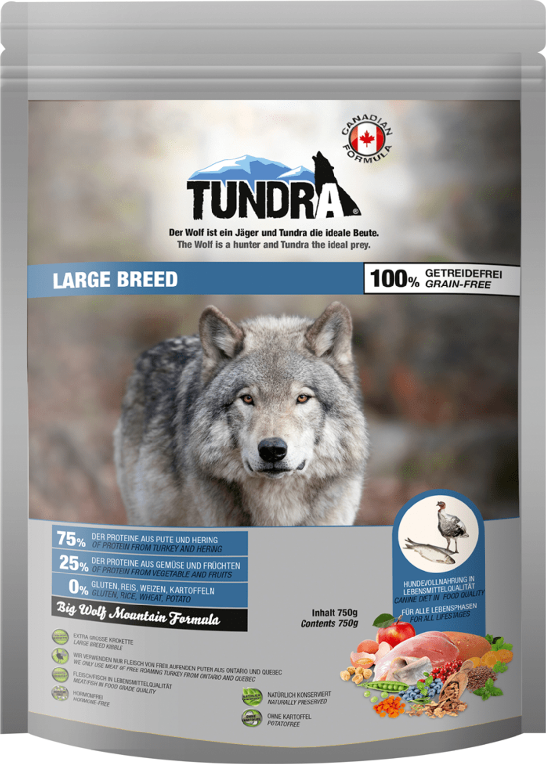 Tundra суха храна с пуйка и херинга за едри породи кучета - 750 г,