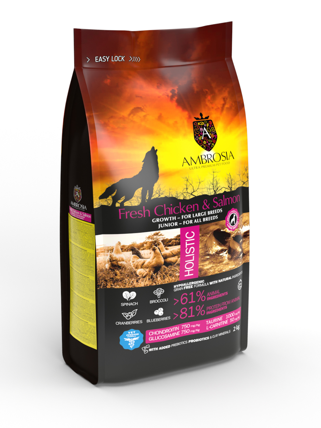 Ambrosia• Large puppy•Ultra premium от големи породи до 12 месечна възраст с Прясно пиле и сьомга12кг.