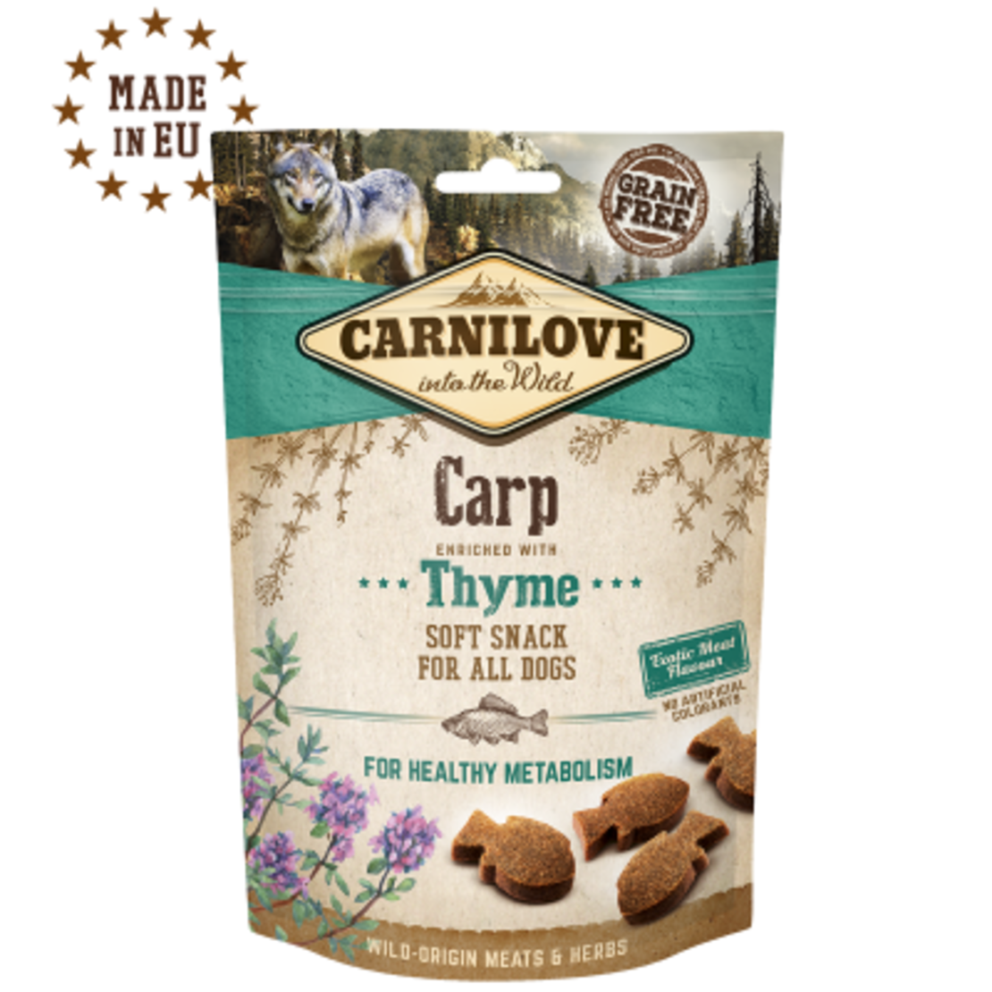 Полувлажни лакомства за куче Carnilove Semi-Moist Snack Carp enriched with Thyme cъс 35% Шаран, обогатени с мащерка, БЕЗ ЗЪРНЕНИ КУЛТУРИ 0.200 кг.
