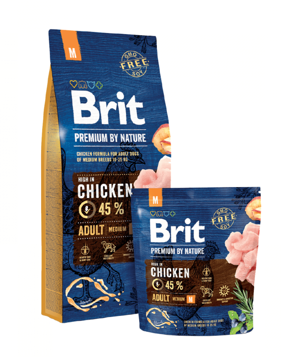 Суха храна за кучета BRIT PREMIUM ADULT M BY NATURE [ НОВА, ПОДОБРЕНА ФОРМУЛА ] с до 45% прясно пилешко месо 1 кг.