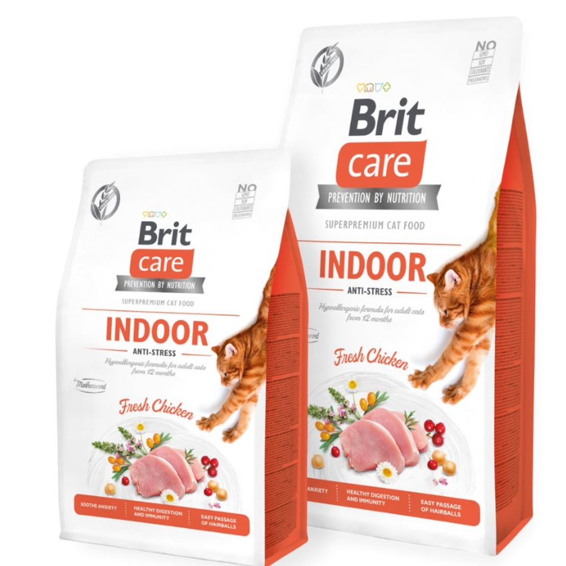 Пълноценна суха храна за котки живеещи в затворени пространства Brit Care Cat Grain-Free INDOOR ANTI-STRESS със 26% прясно пилешко месо, плодове и зеленчуци, БЕЗ зърнени култури 2 кг.