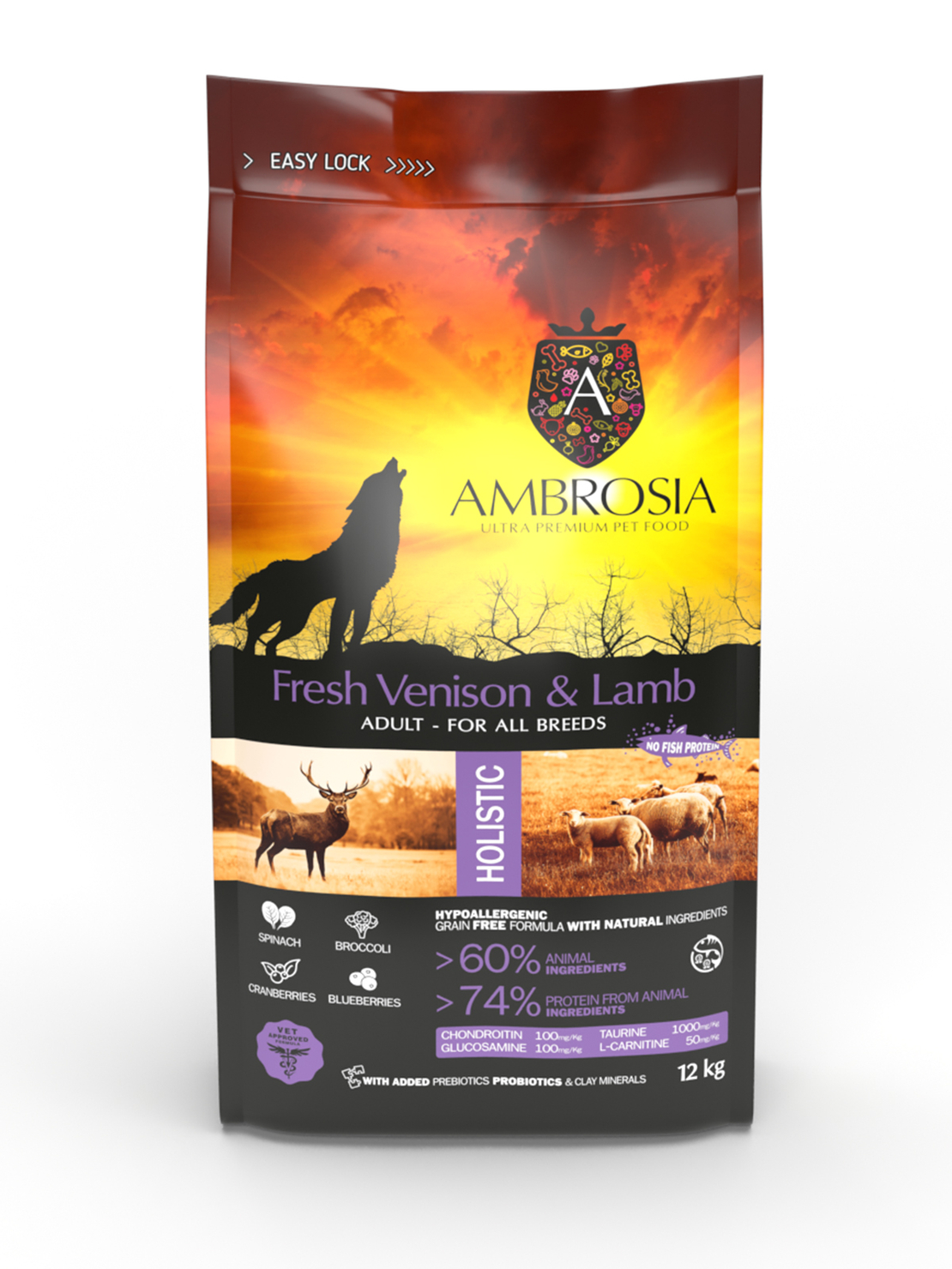 Ambrosia All breeds adult Ultra premium Прясно еленско и агнешко месо от всички породи над 12 месечна възраст 2 кг.