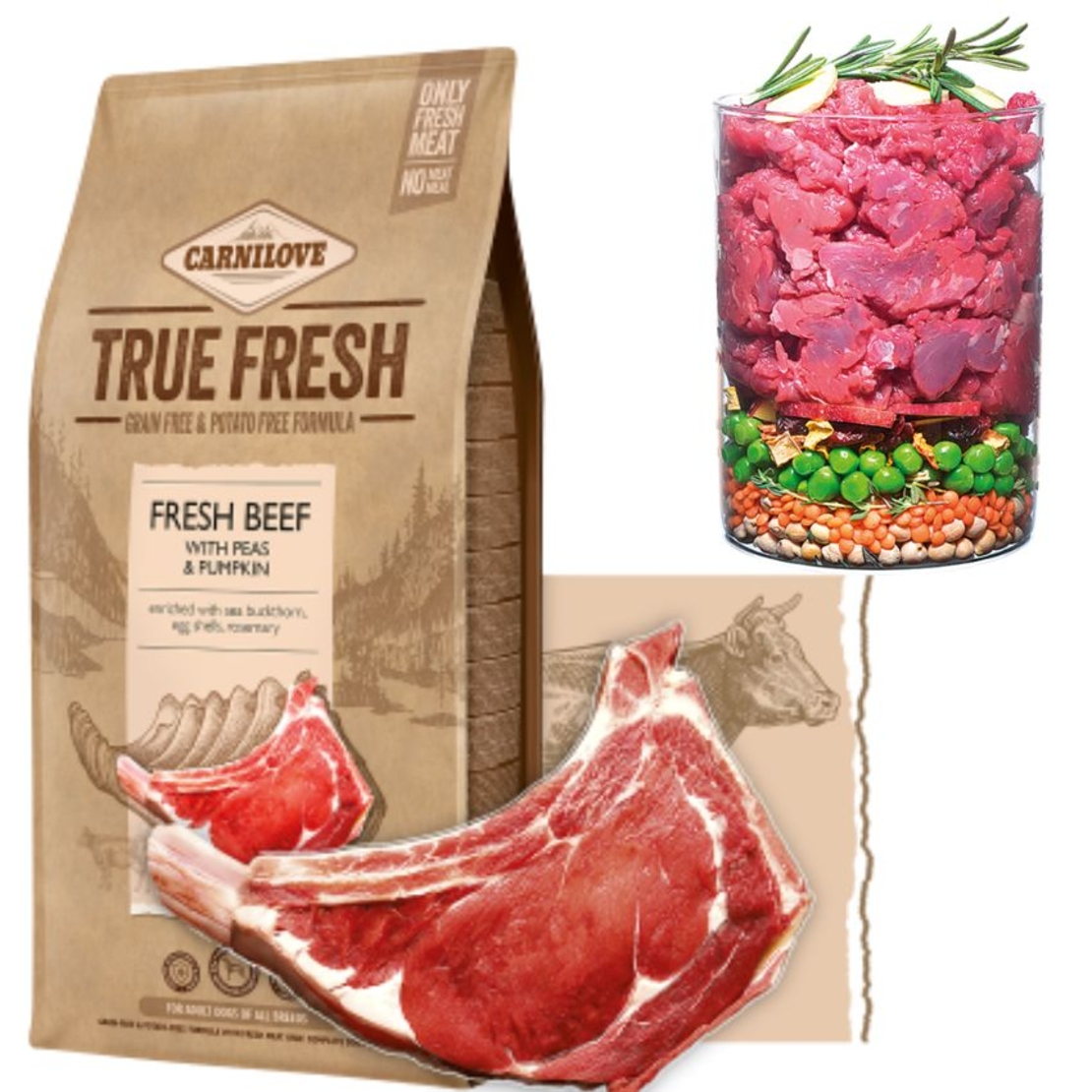 Ултра премиум суха храна Carnilove TRUE FRESH Beef for Adult МОНОПРОТЕИНсъс 60% истинско, прясно телешко месо, грах и тиква, БЕЗ ЗЪРНЕНИ КУЛТУРИ, подходяща за всички породи 1.4 кг.