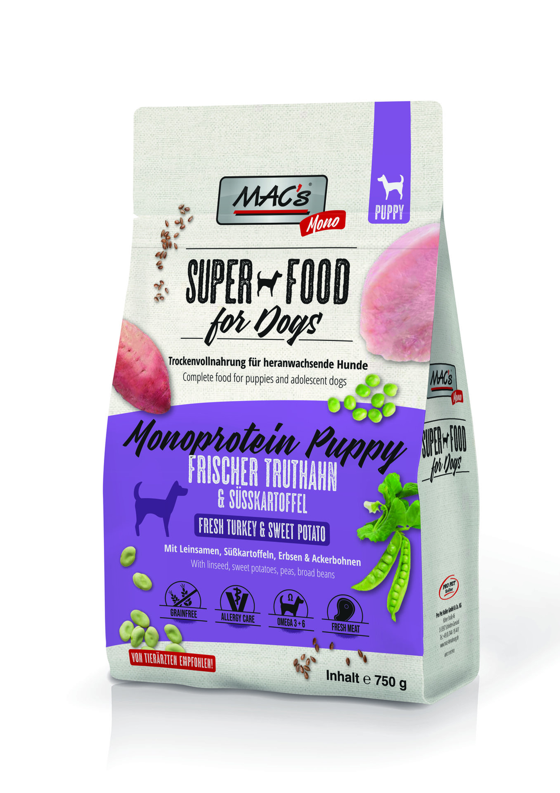 Mac's Monoprotein Puppy суха храна с пуешко, ленено семе и ананас за капризни и податливи на алергии подрастващи кучета - 750 гр