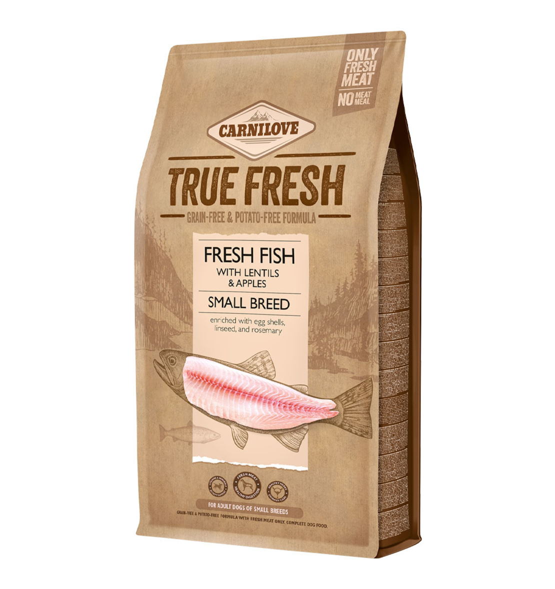 Ултра премиум суха храна Carnilove TRUE FRESH FISH Small Breed със 60% истинско, прясна риба, черупки от яйца, ленено семе и розмарин БЕЗ ЗЪРНЕНИ КУЛТУРИ, подходяща за кучета от малките породи 1.4 кг.