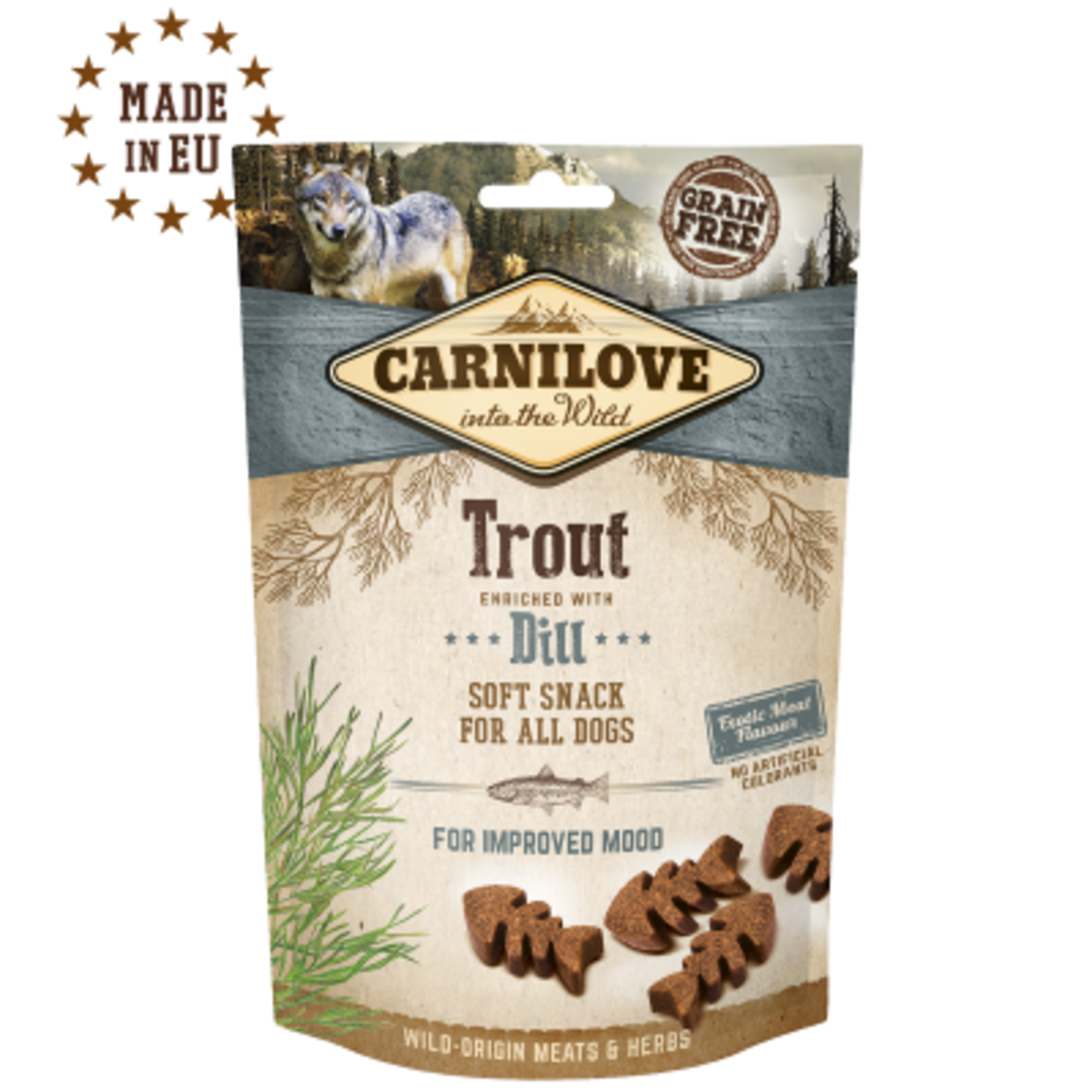 Полувлажни лакомства за куче Carnilove Semi-Moist Snack Trout enriched with Dill cъс 35% Пъстърва, обогатени с копър, БЕЗ ЗЪРНЕНИ КУЛТУРИ 0.200 кг.