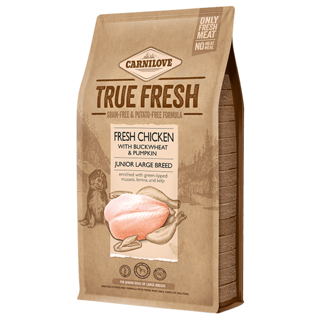 Ултра премиум суха храна за подрастващи кучета от едри породи Carnilove TRUE FRESH Chicken Junior Large със 60% истинско, прясно пилешко месо, обогатена със зеленоуста мида, червена леща и келп 1.400 кг.