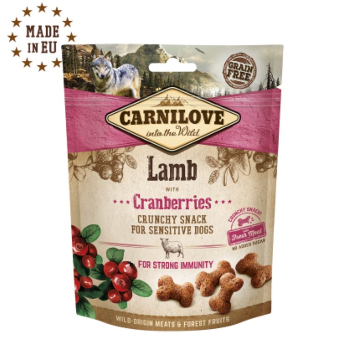 Хрупкави лакомства за куче Carnilove Crunchy snack Lamb with Cranberries with Fresh meat с 15 % Прясно агнешко, 35% сушено и боровинки, БЕЗ ЗЪРНЕНИ КУЛТУРИ 0.200 кг.
