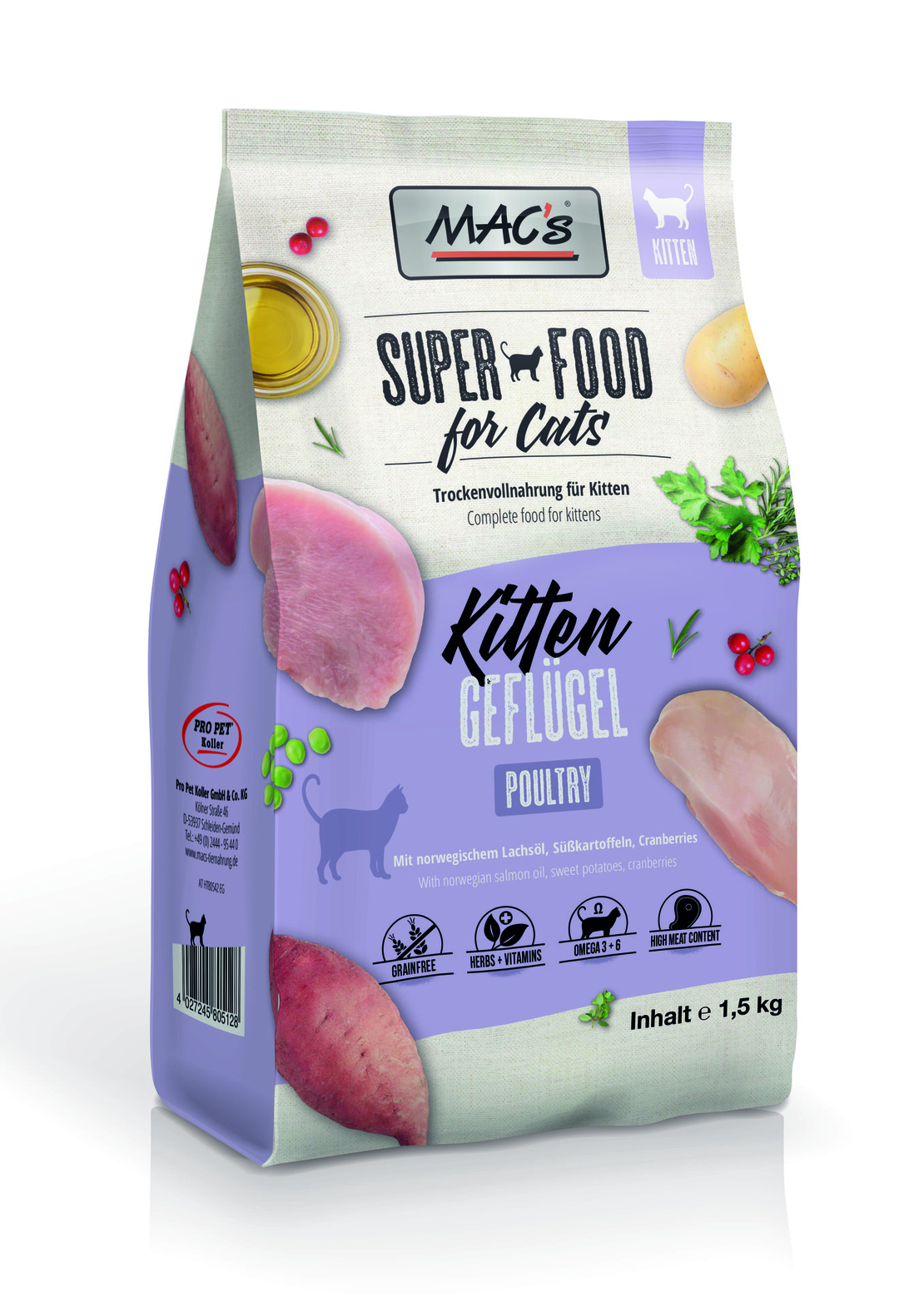 Mac's Kitten суха храна с пилешко, скариди и норвежка сьомга за подрастващи котки -  1.5 кг