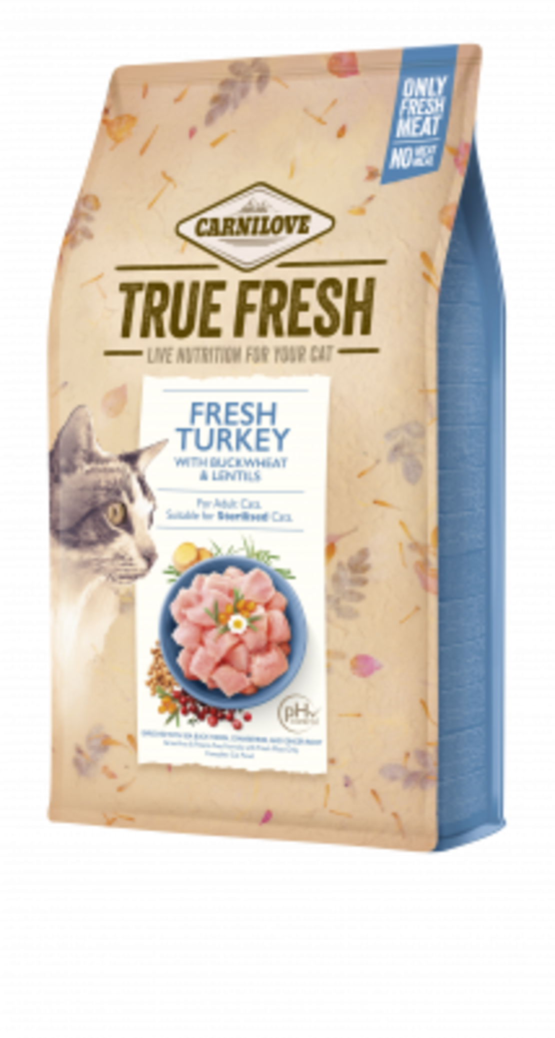 Ултра премиум суха храна Carnilove TRUE FRESH Cat Turkey със 70% истинска, прясна пуйка, обогатена с червени боровинки и корен от джинджифил 1.8 кг.