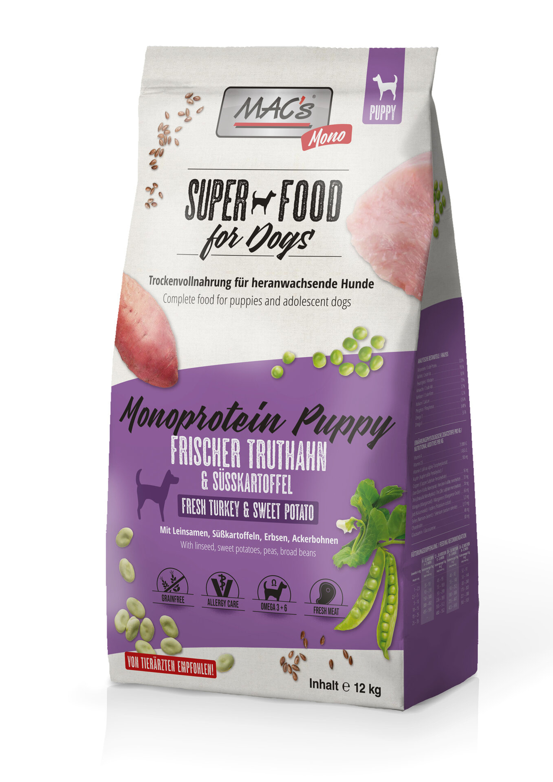 Mac's Monoprotein Puppy суха храна с пуешко, ленено семе и ананас за капризни и податливи на алергии подрастващи кучета - 12 кг