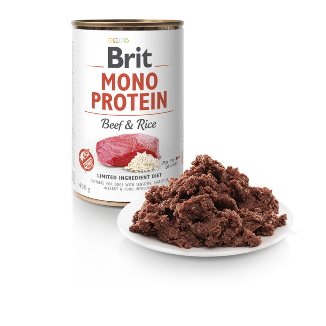BRIT MONO PROTEIN BEEF&RICE – консеврирана кучешка храна с телешко и ориз 0.400 кг.