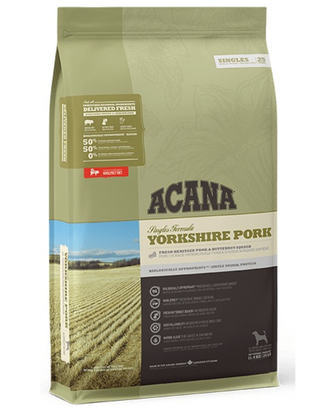 Суха храна ACANA SINGLES YORKSHIRE PORK за кучета над 12 м, със свинско, 11.4 kg.