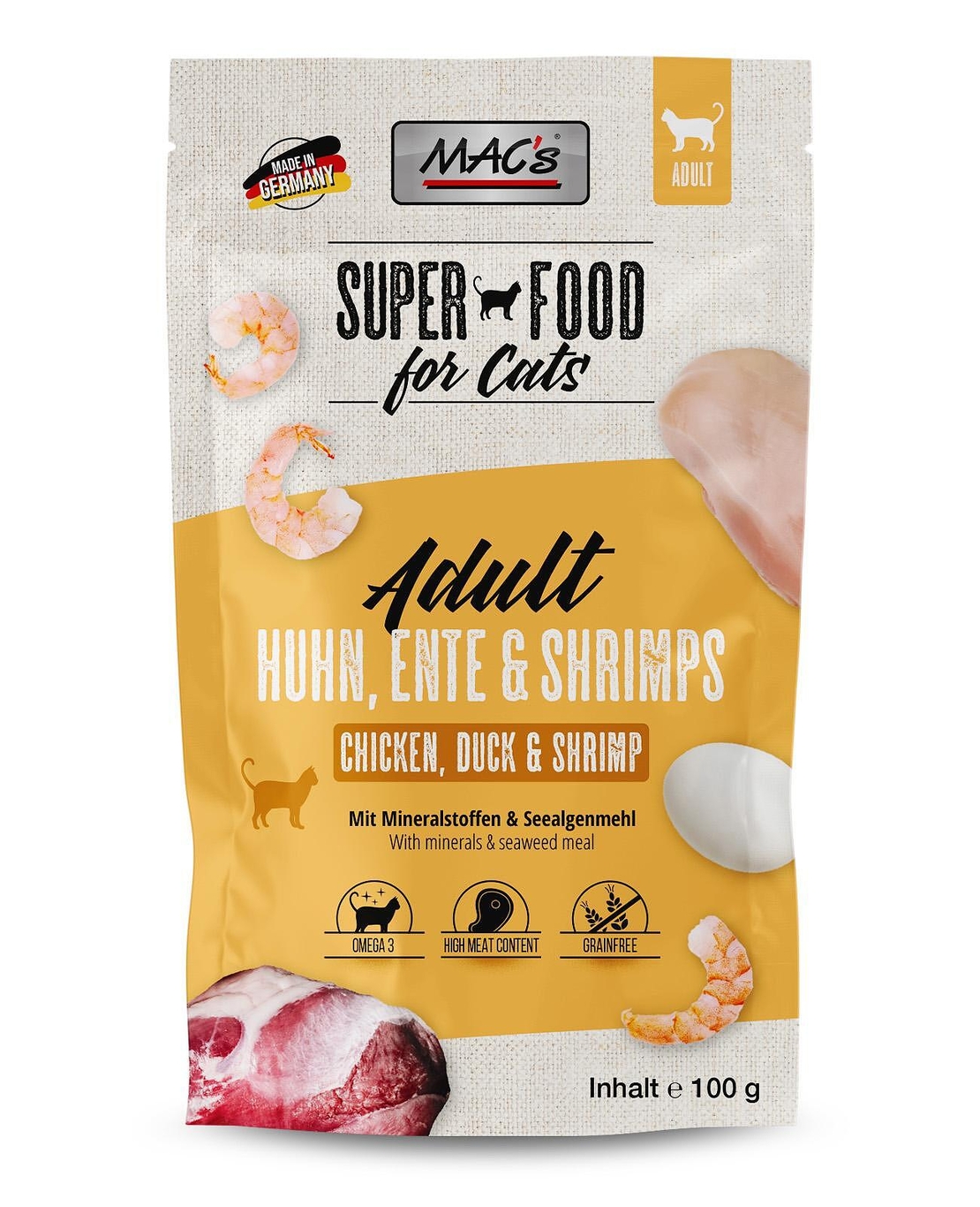 Mac's Cat Adult пауч с пилешко, патешко, скариди и водорасли за израснали котки 100 гр