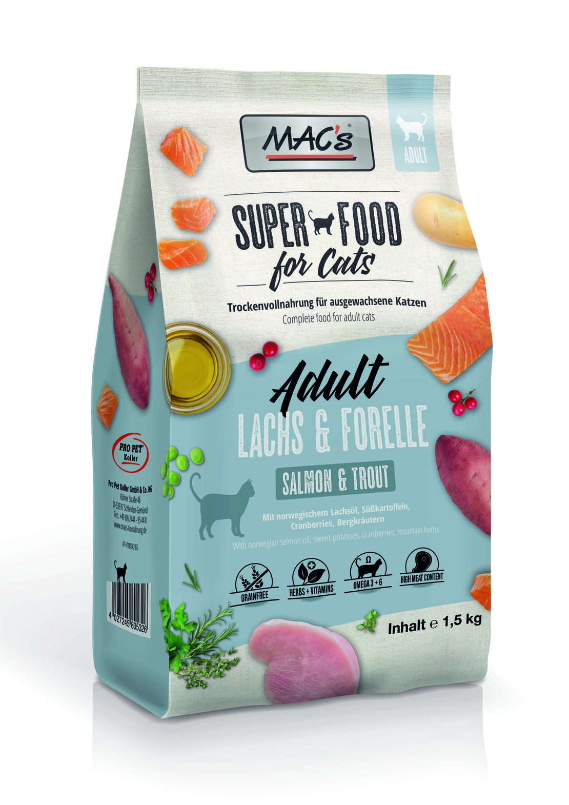 Mac's Cat Adult суха храна със сьомга и пъстърва за израстнали котки -  1.5 кг