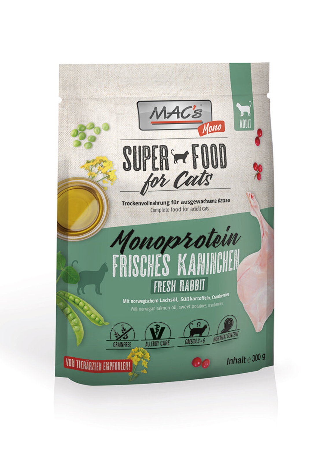 Mac's Monoprotein Adult монопротеинна суха храна със заешко, грах и боровинки за капризни, чувствителни или алергични котки - 300 гр