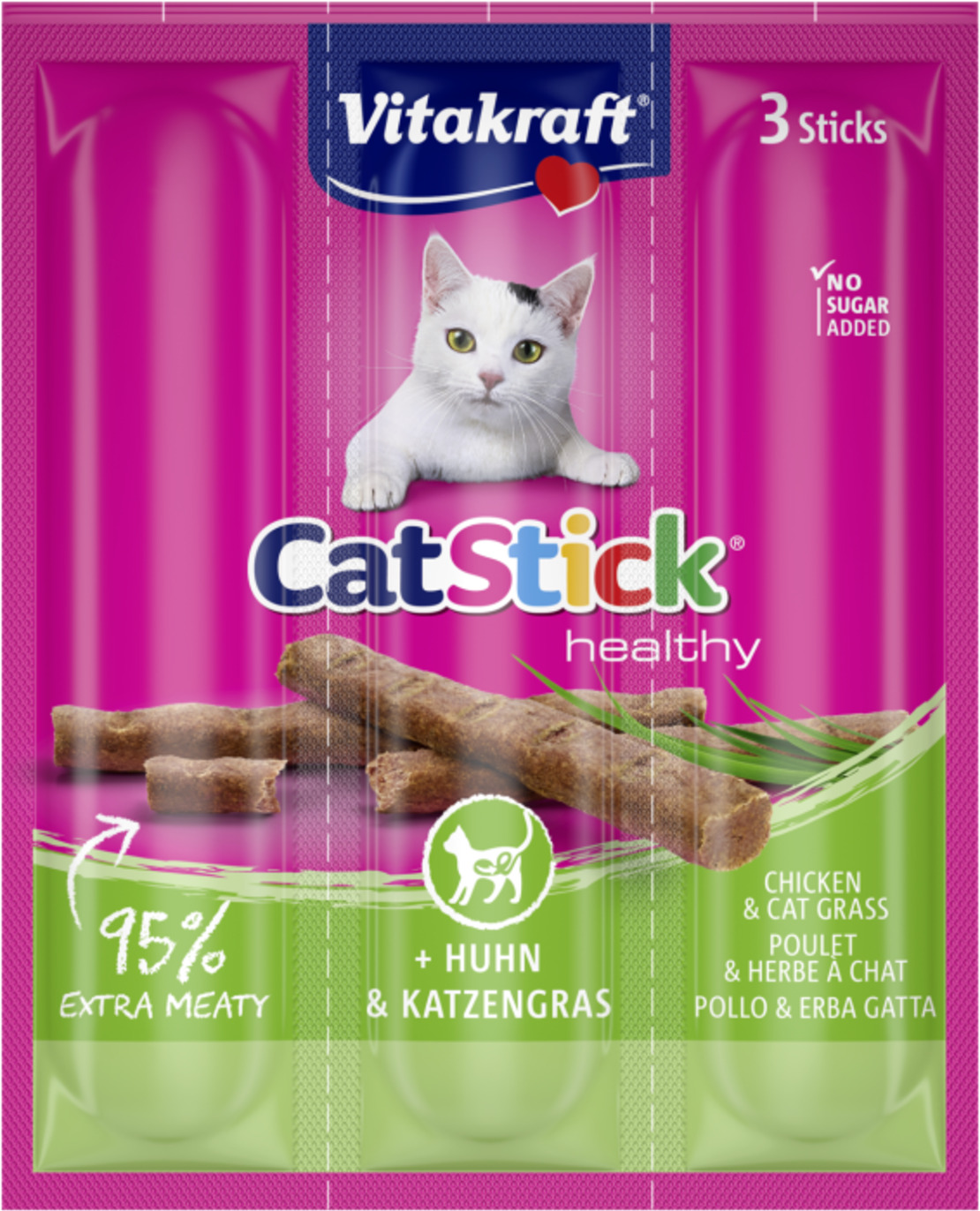 Лакомства за котки - Vitakraft Cat Stick Mini - Саламена пръчица с пиле и котешка трева 3 бр.