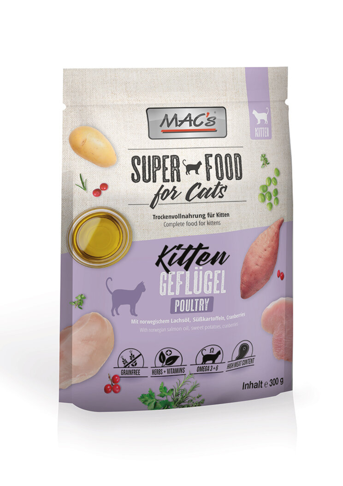 Mac's Kitten суха храна с пилешко, скариди и норвежка сьомга за подрастващи котки - 300 гр