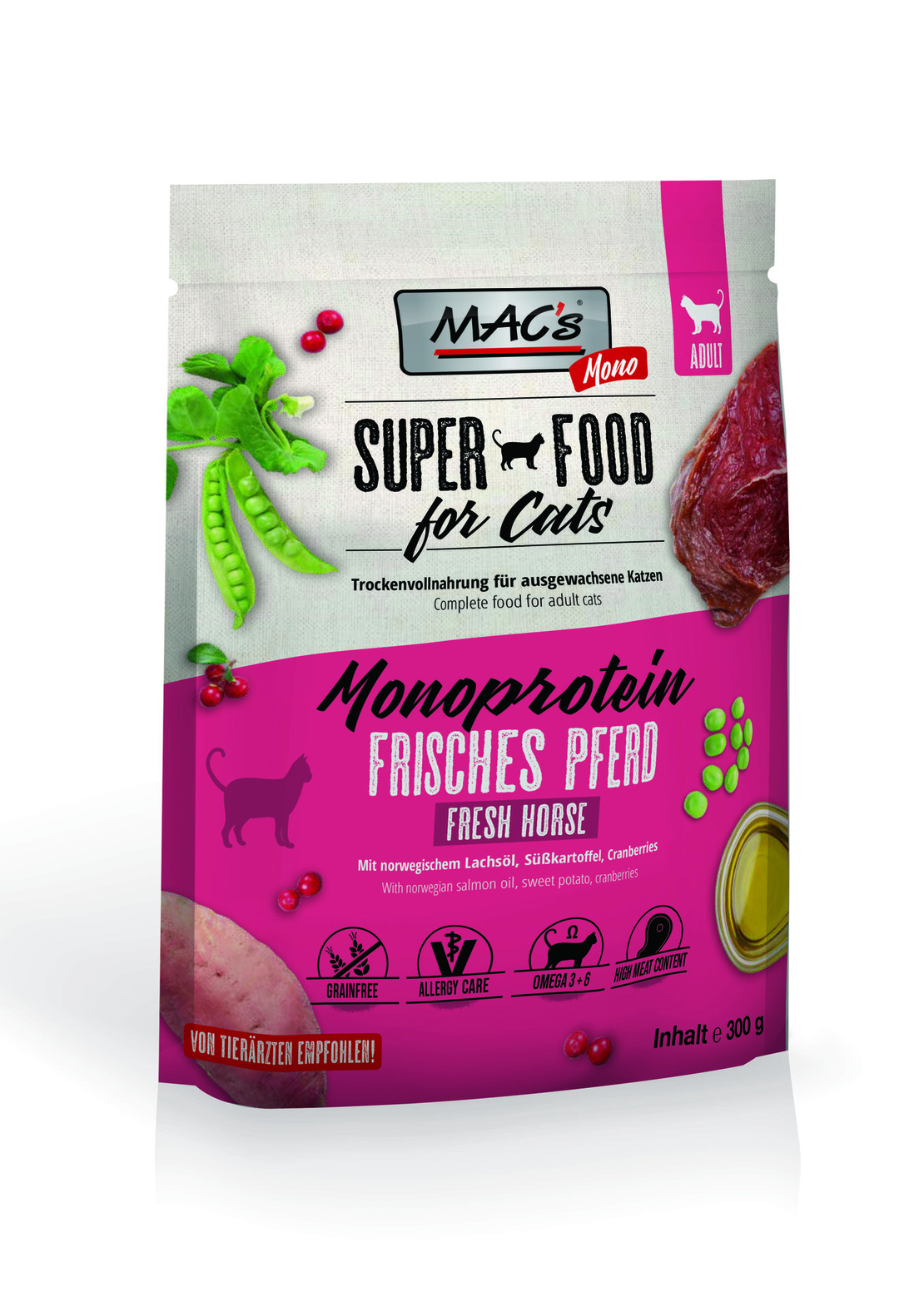 Mac's Monoprotein Adult суха храна с конско, сладък картоф и червени боровинки за капризни и чувствителни котки - 300 гр,