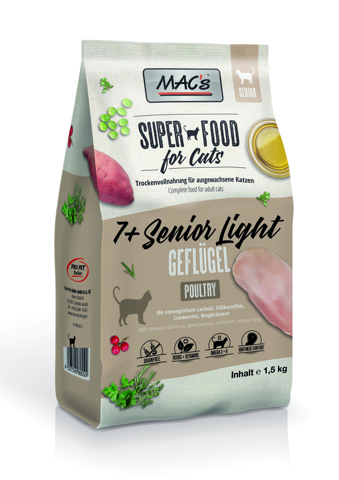 Mac's Senior 7+ / Light суха храна с пилешко, боровинки и билки за възрастни, кастрирани или слабоактивни котки -  1.5 кг