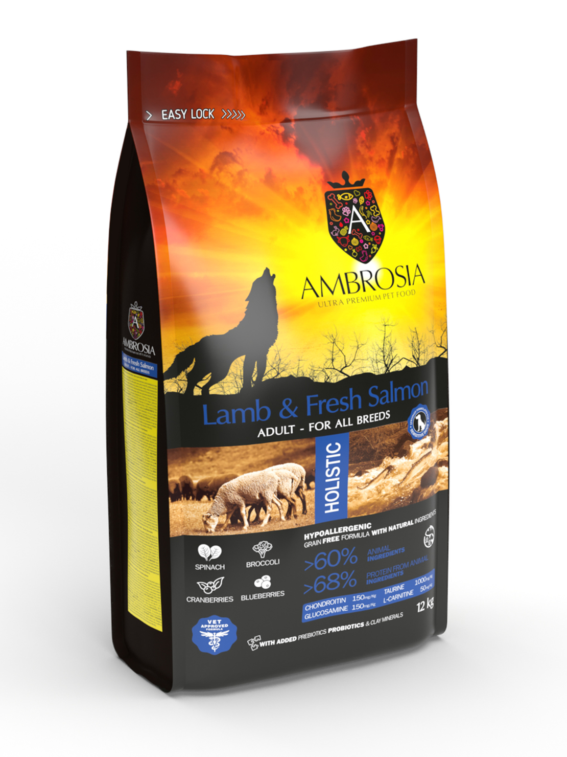Ambrosia• Аll breeds adult •Ultra premium за кучета от всички породи над 12 месечна възраст с Агнешко и прясна сьомга 12 кг.