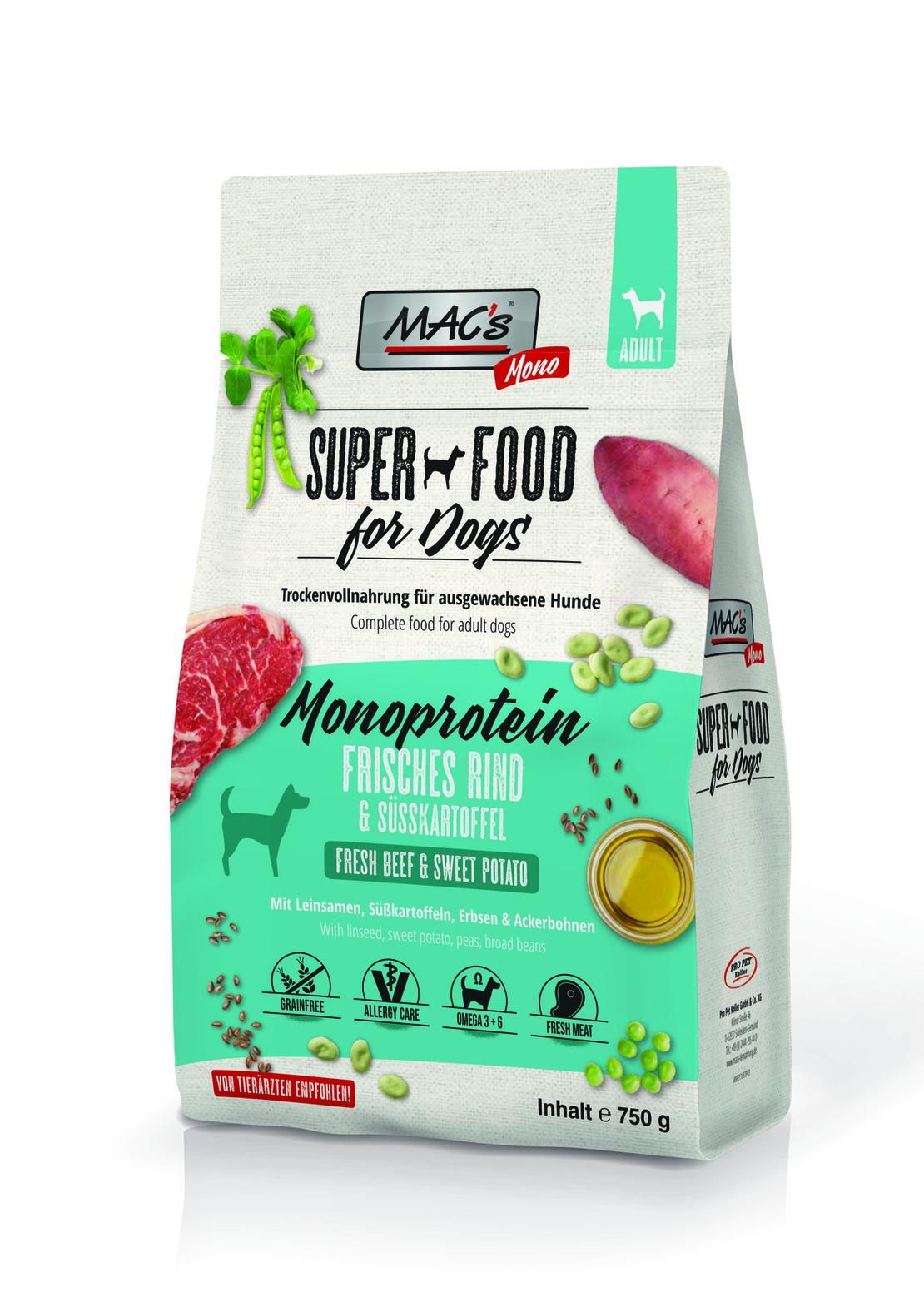 Mac's Monoprotein Beef суха храна с говеждо, сладък картоф и ананас за капризни, чувствителни или податливи на алергии кучета - 750 гр