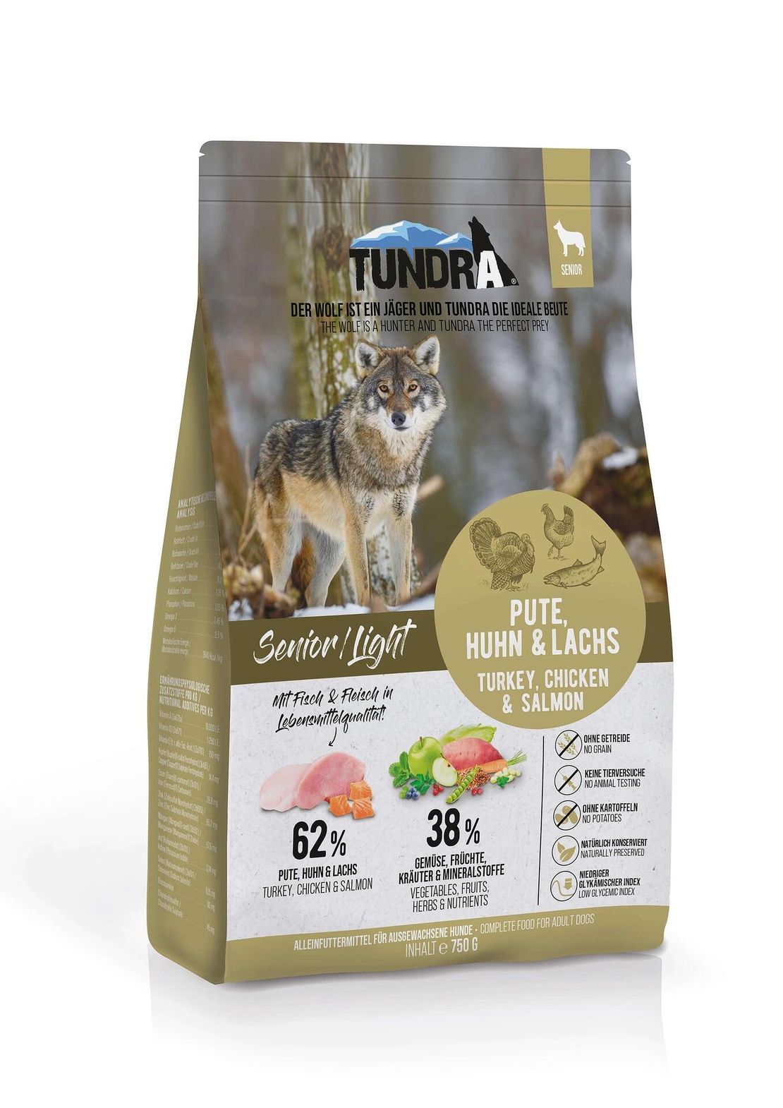 Tundra Senior / Light суха храна с пуйка, патица и сьомга за застаряващи, кастрирани или неактивни кучета от всички породи - 750 г,