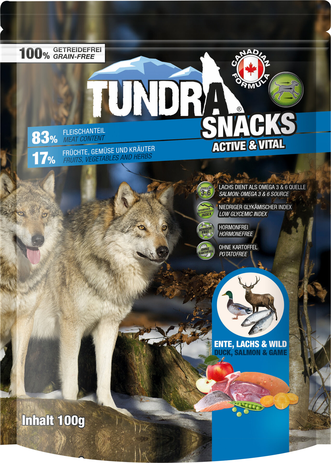 Tundra лакомство за активни кучета с патица, сьомга и дивеч 100 гр