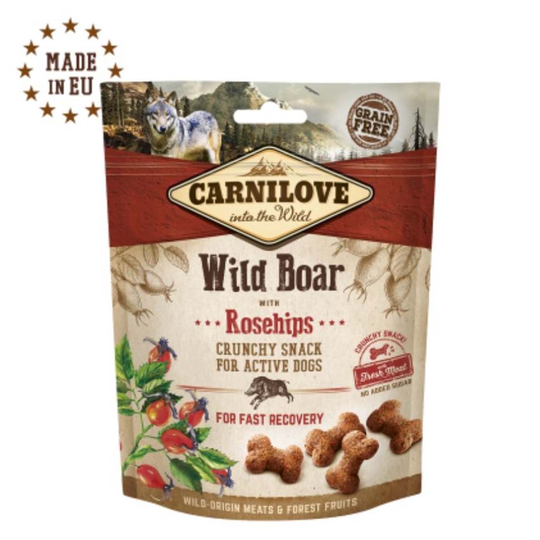 Хрупкави лакомства за активни кучета Carnilove Crunchy snack Wild Boar with Rosehips with Fresh meat с 15% Прясно месо от глиган, 35% сушено и шипки, БЕЗ ЗЪРНЕНИ КУЛТУРИ 0.200 кг.