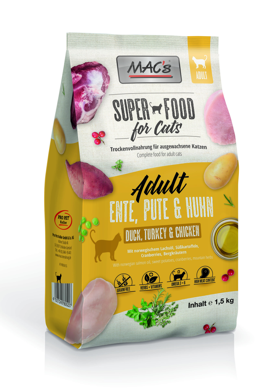 Mac's Cat Adult суха храна с патешко, пуешко и пилешко за израстнали котки -  1.5 кг