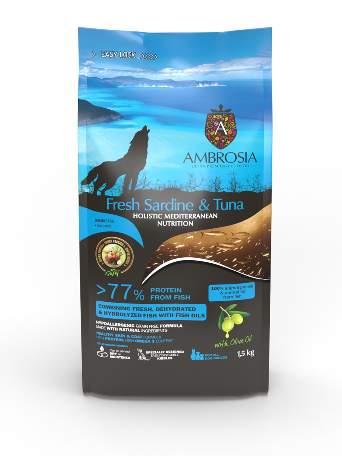 Ambrosia• Аll breeds adult •Ultra premium за кучета от всички породи над 12 месечна възраст с Прясна сардина и риба тон 5кг.