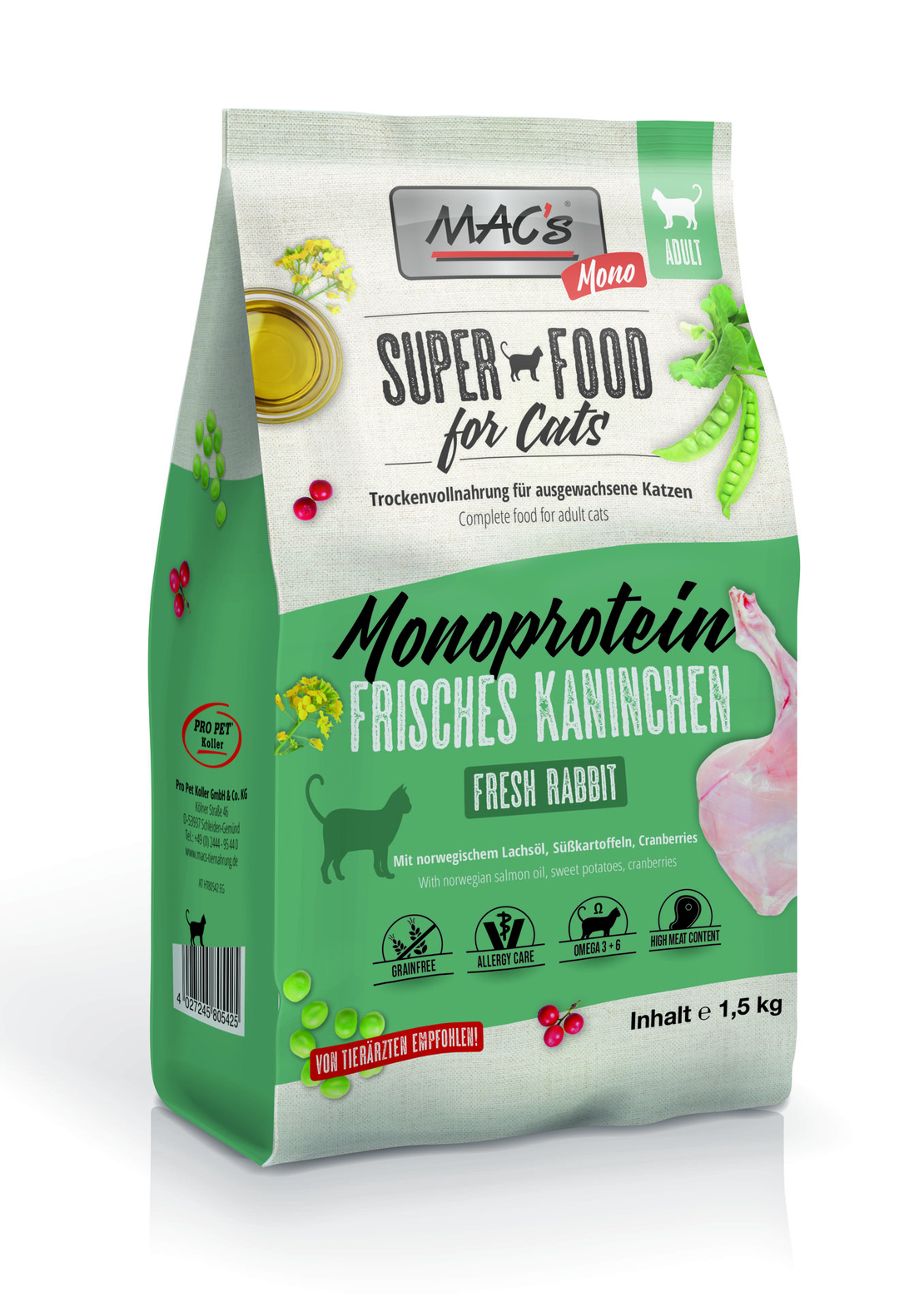 Mac's Monoprotein Adult монопротеинна суха храна със заешко, грах и боровинки за капризни, чувствителни или алергични котки - 1.5 кг