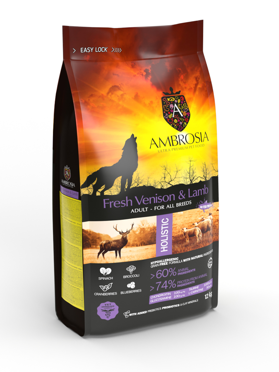 Ambrosia All breeds adult Ultra premium Прясно еленско и агнешко месо от всички породи над 12 месечна възраст 12 кг.