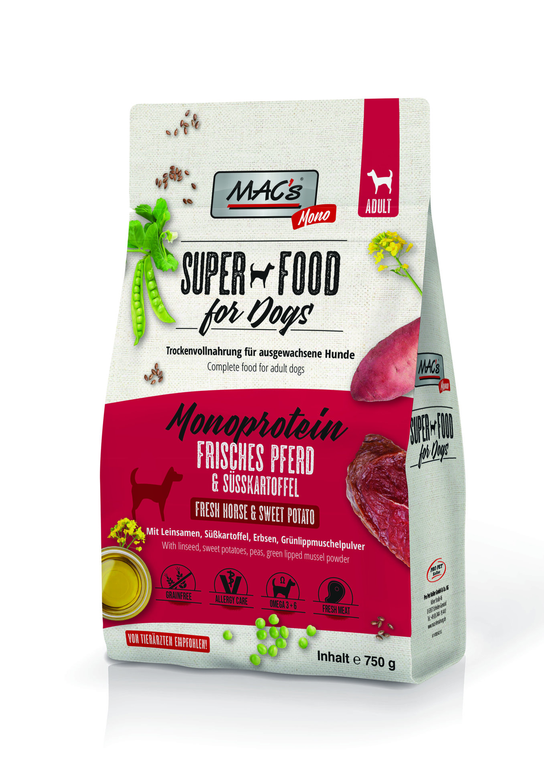 Mac's Monoprotein Horse суха храна с конско, ленено семе и сладък картоф за капризни, чувствителни или податливи на алергии кучета - 750 гр