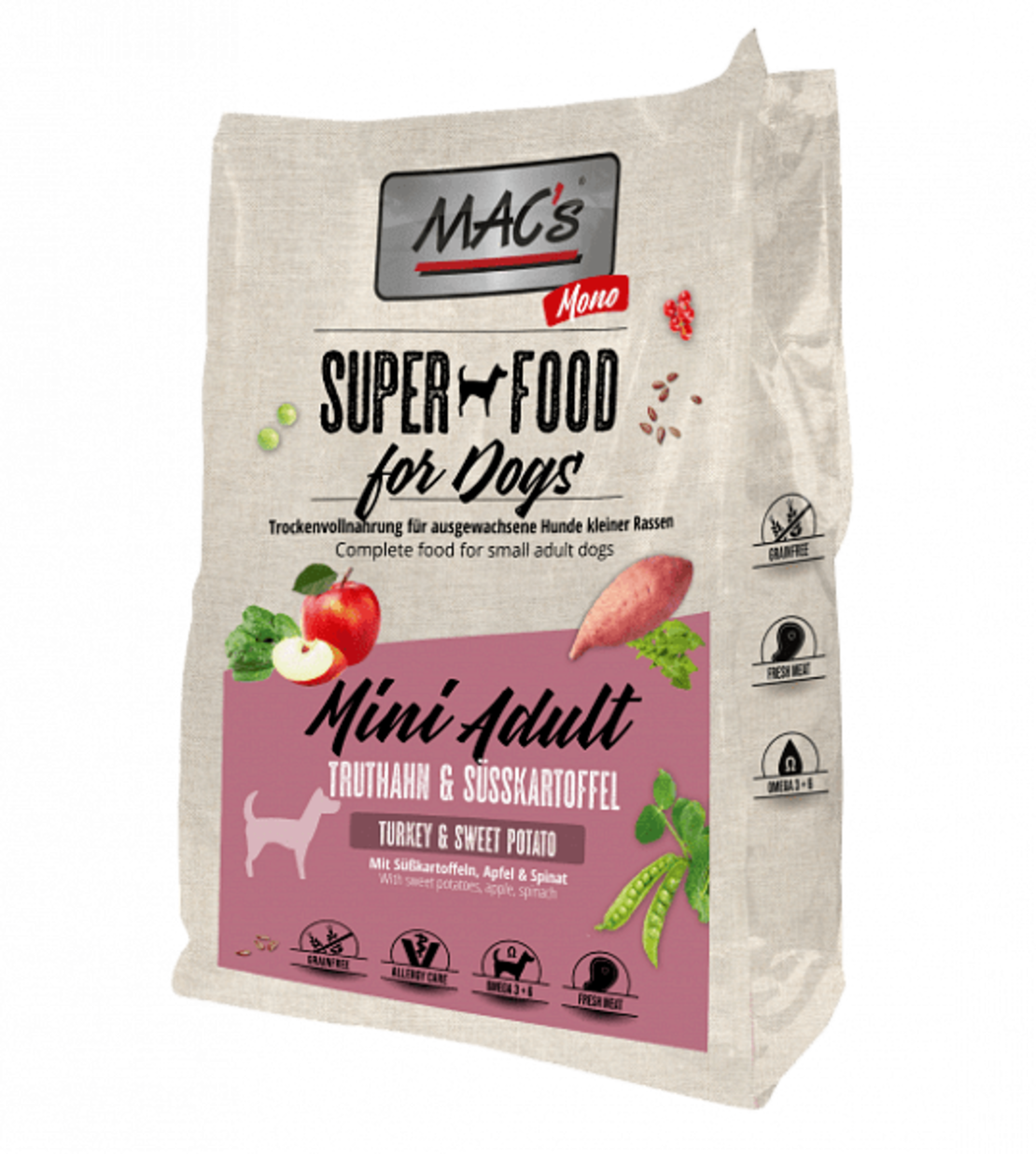 Mac's Monoprotein Mini Adult суха храна с прясно пуешко и сладък картоф за дребни и мини породи с чувствителен стомах - 750 гр