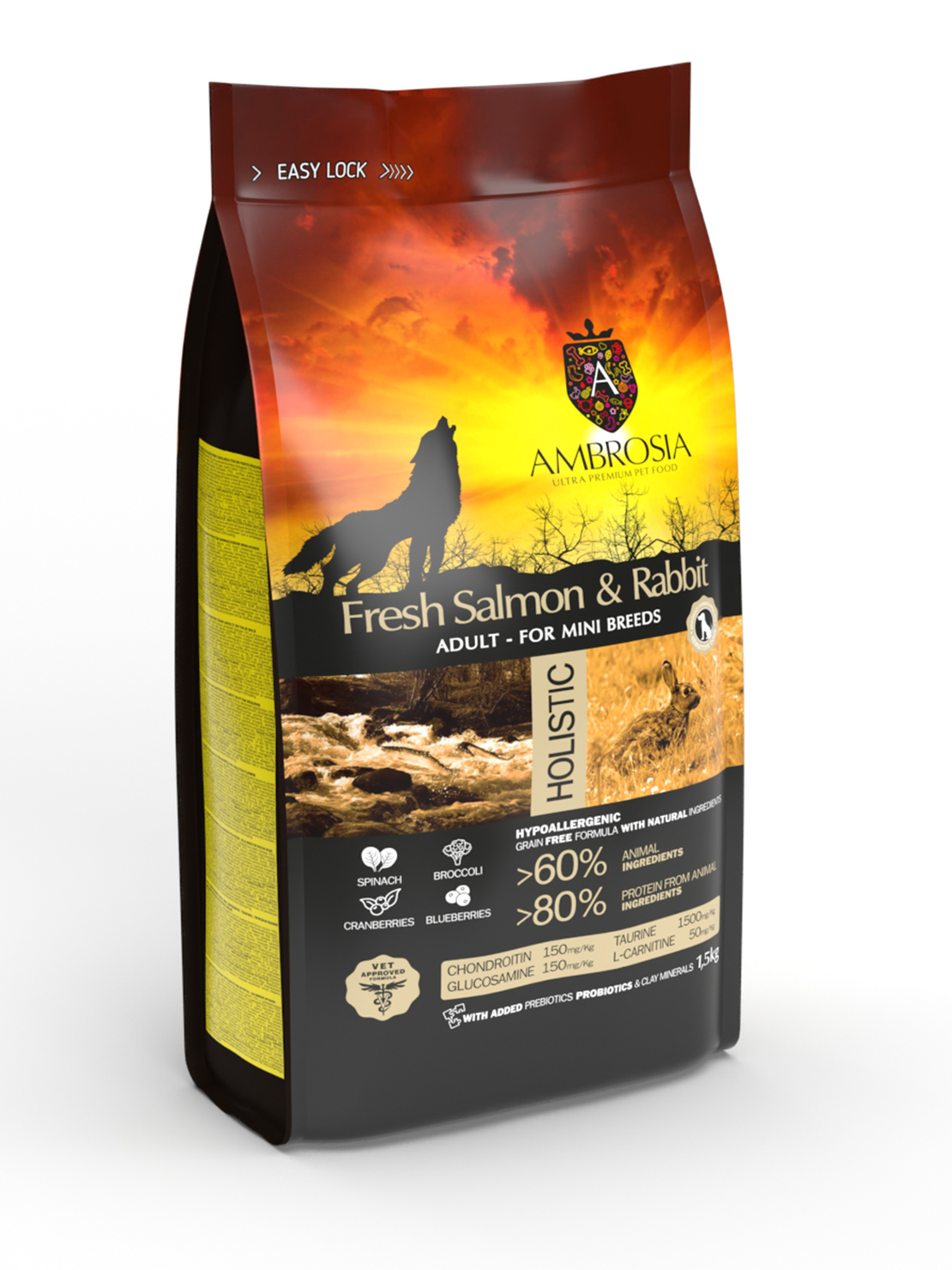 Ambrosia• Mini adult• Ultra premium за кучета от малки породи над 12 месечна възраст със Прясна сьомга и заек - 1.5 кг