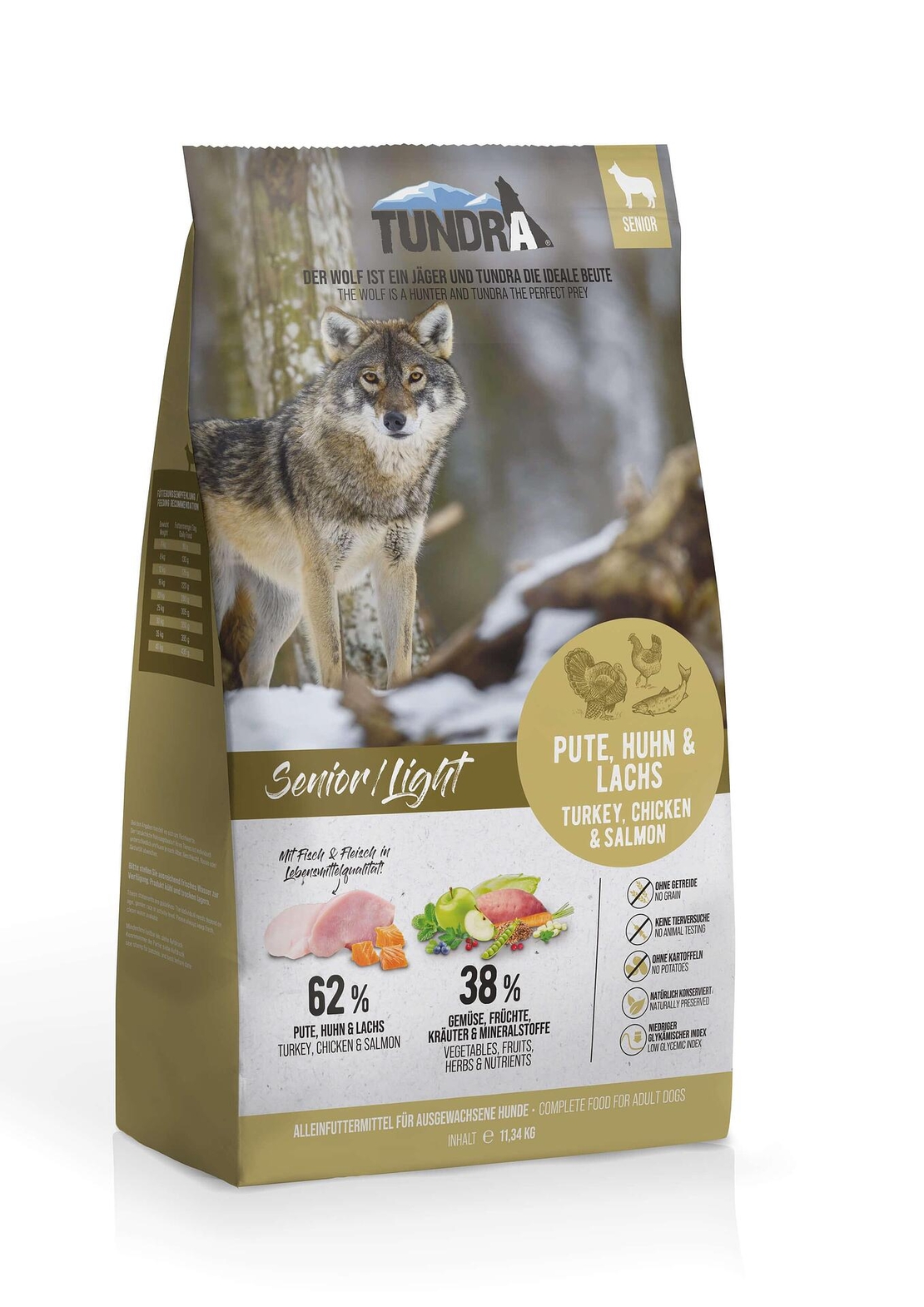 Tundra Senior / Light суха храна с пуйка, патица и сьомга за застаряващи, кастрирани или неактивни кучета от всички породи -  11.34 кг
