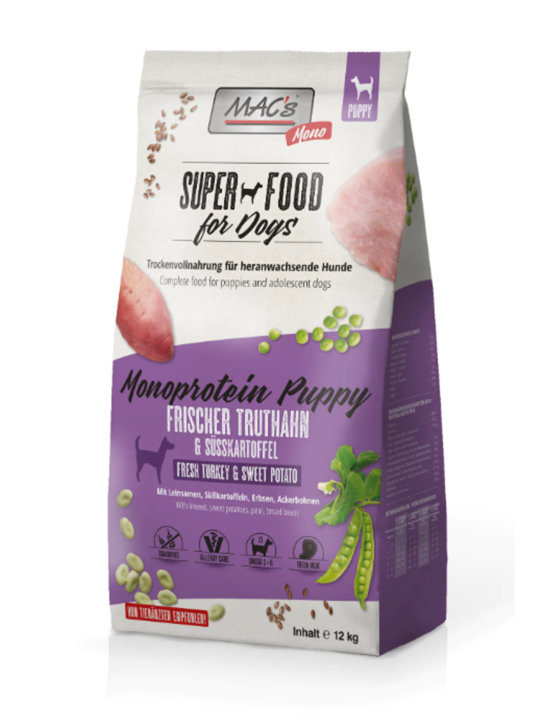 MAC'S DOG PUPPY MONOPROTEIN - за подрастващи кученца, Пуйка и сладък картоф, 750г