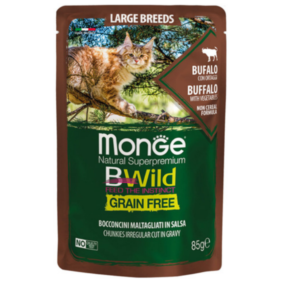 Monge BWILD Grain Free Large Breeds с биволско и зеленчуци – пауч с хапки в сос, без зърнени храни – за котенца и котки в зряла възраст от едрите породи, 85гр