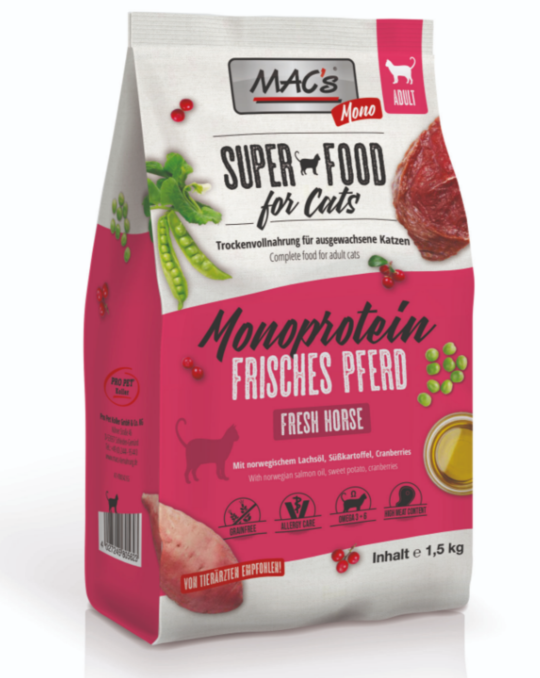 Mac's Monoprotein Adult суха храна с конско, сладък картоф и червени боровинки за капризни и чувствителни котки, 1.5kg