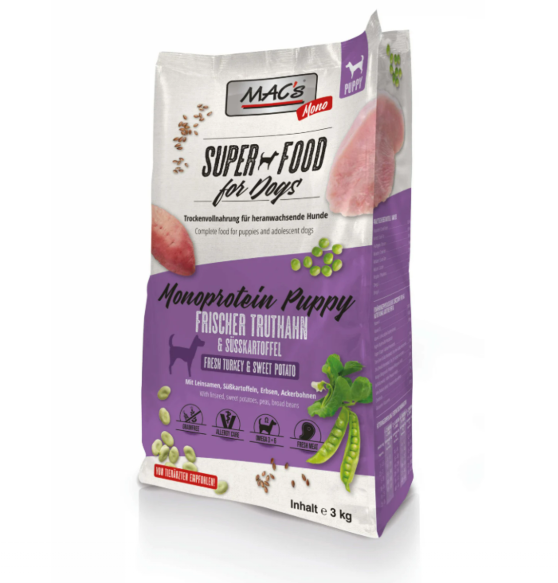 Mac's Monoprotein Puppy суха храна с пуешко, ленено семе и ананас за капризни и податливи на алергии подрастващи кучета, 3kg