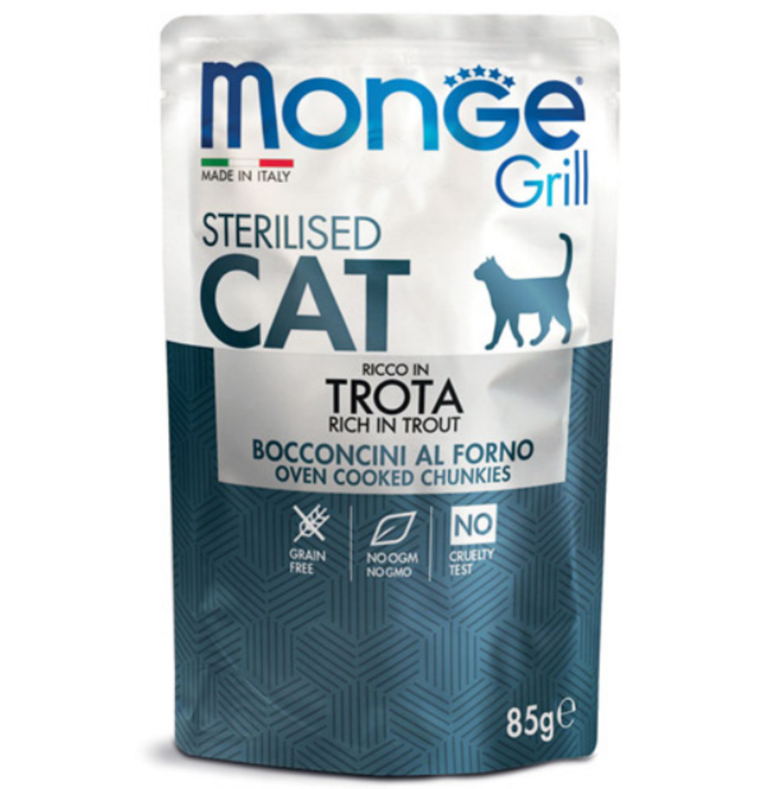 Monge Grill Sterilised с пъстърва – пауч с хапки в желе – за кастрирани котки в зряла възраст, 85гр