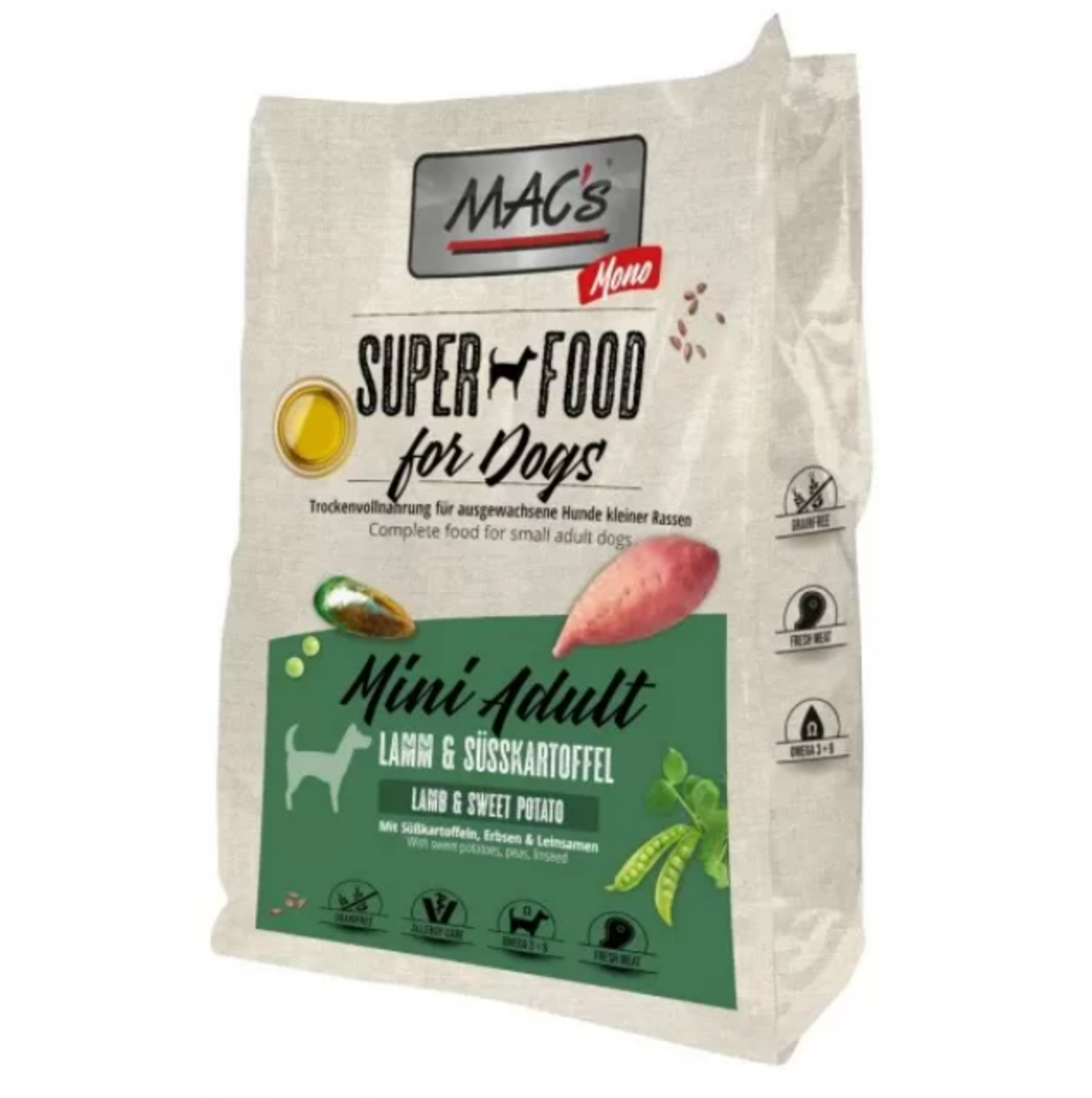 Mac's Monoprotein Mini Adult суха храна с прясно агнешко и сладък картоф за дребни и мини породи с чувствителен стомах 3кг