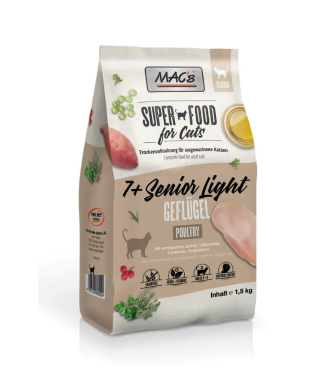 MAC'S CAT 7+ SENIOR LIGHT - за котки над 7г. и склонни към напъняване, Пиле, 1.5кг