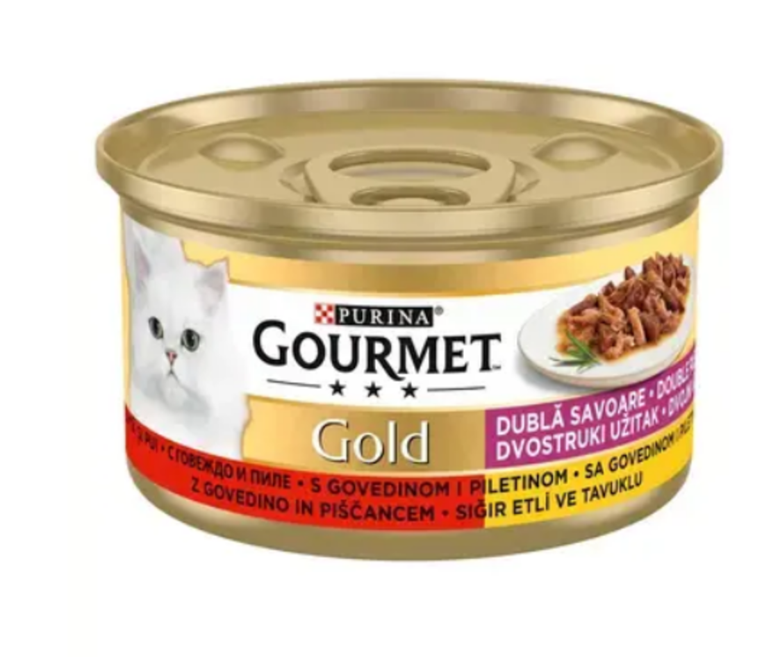 GOURMET® GOLD DUO Мека храна с говеждо и пилешко за котки, 85g