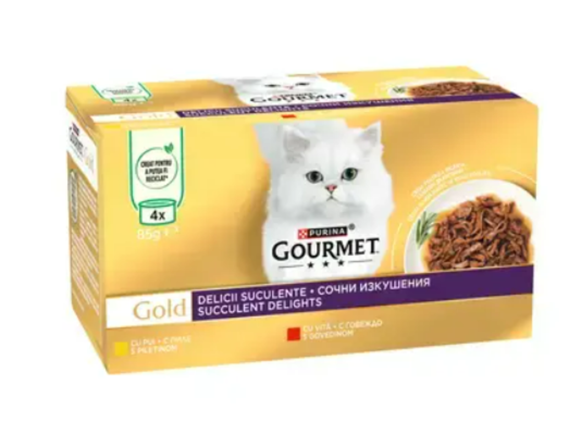 PURINA GOURMET GOLD, Сочни изкушения с говеждо и с пиле, мокра храна за котки 4х85г