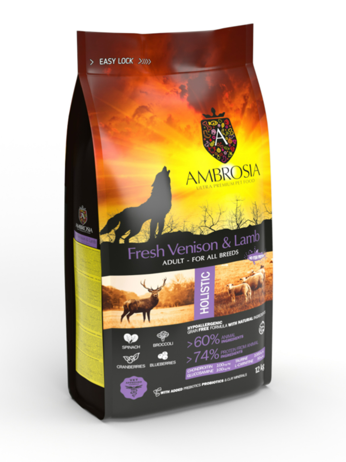 Ambrosia All breeds adult Ultra premium Прясно еленско и агнешко месо от всички породи над 12 месечна възраст 12 кг.